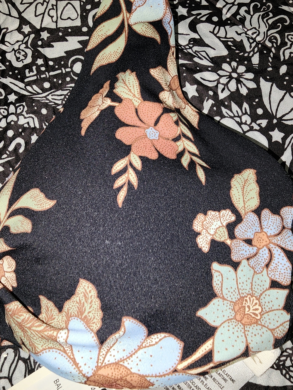 O'Neill Black Floral Triangle Bikini Top with Pastel Blue and Peach Blooms - Picture 4 of 4